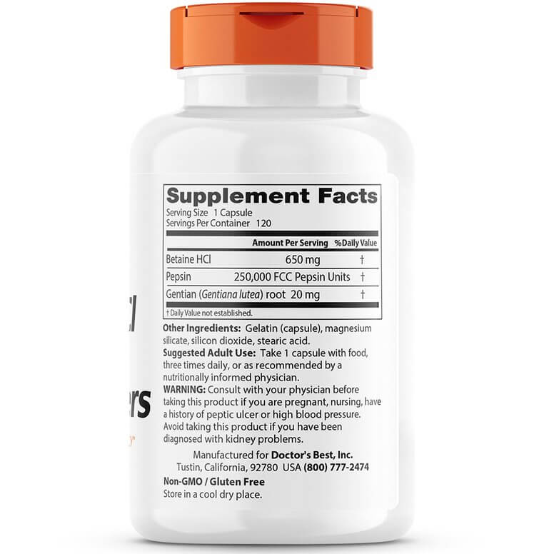 Doctor's Best, Betain HCL Pepsin & Gentian Bitters, 120 kapsula opoklopac sa strane
