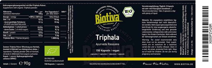 Biotiva Bio Triphala 150 kapslí etiketa