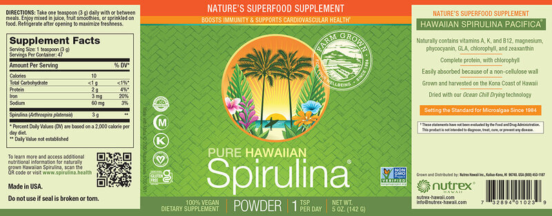 Nutrex Hawaii, Pure Hawaiian Spirulina Pacifika® prášok 142g etiketa