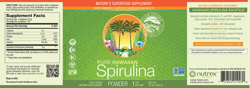 Nutrex Hawaii, Pure Hawaiian Spirulina Pacifika® prášok 454g etiketa