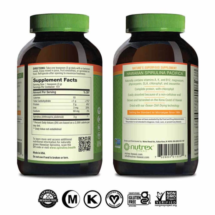 Nutrex Hawaii, Pure Hawaiian Spirulina Pacifika® prášok 454g obal zozadu