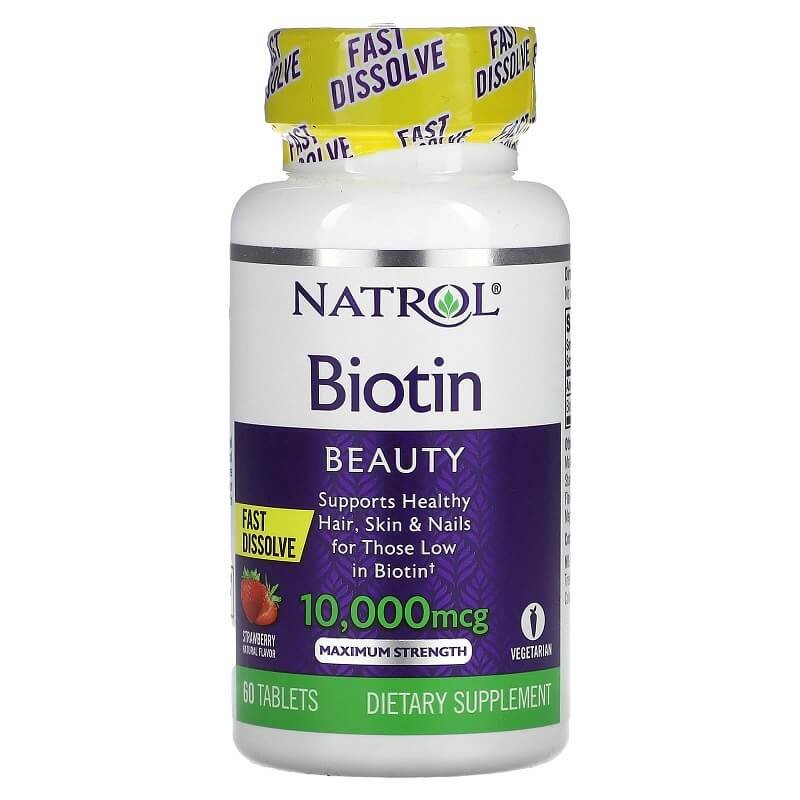 Natrol Biotin 10 000 mcg, Rychle rozpustný, Jahoda, 60 tablet