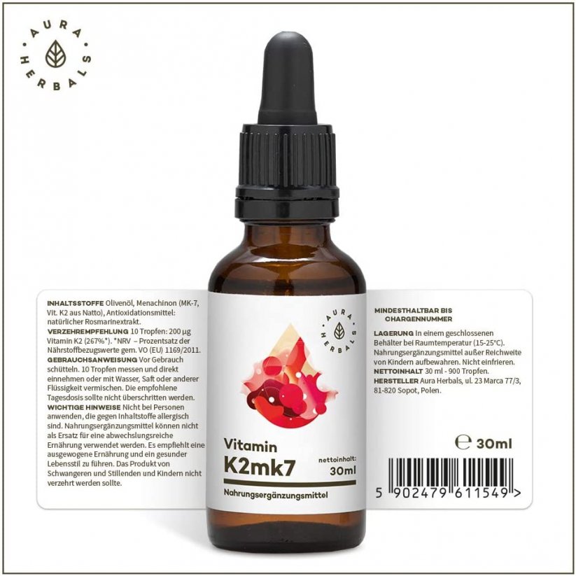 Aura Herbals Vitamín K2 MK-7 20 μg kvapky 30ml etiketa