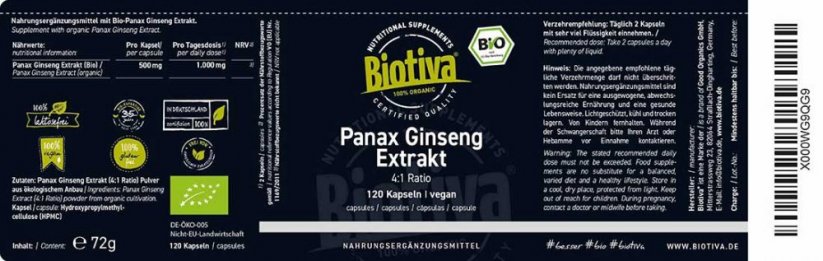 Biotiva BIO Korejský Ženšen extrakt 120 kapslí etiketa