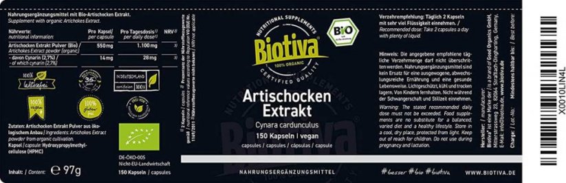 Biotiva Bio extrakt z Artičoky 150 kapsúl etiketa