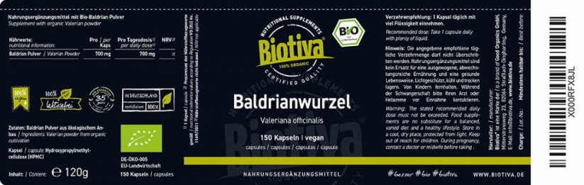 Biotiva Bio Valeriána lekárska 150 kapsúl etiketa