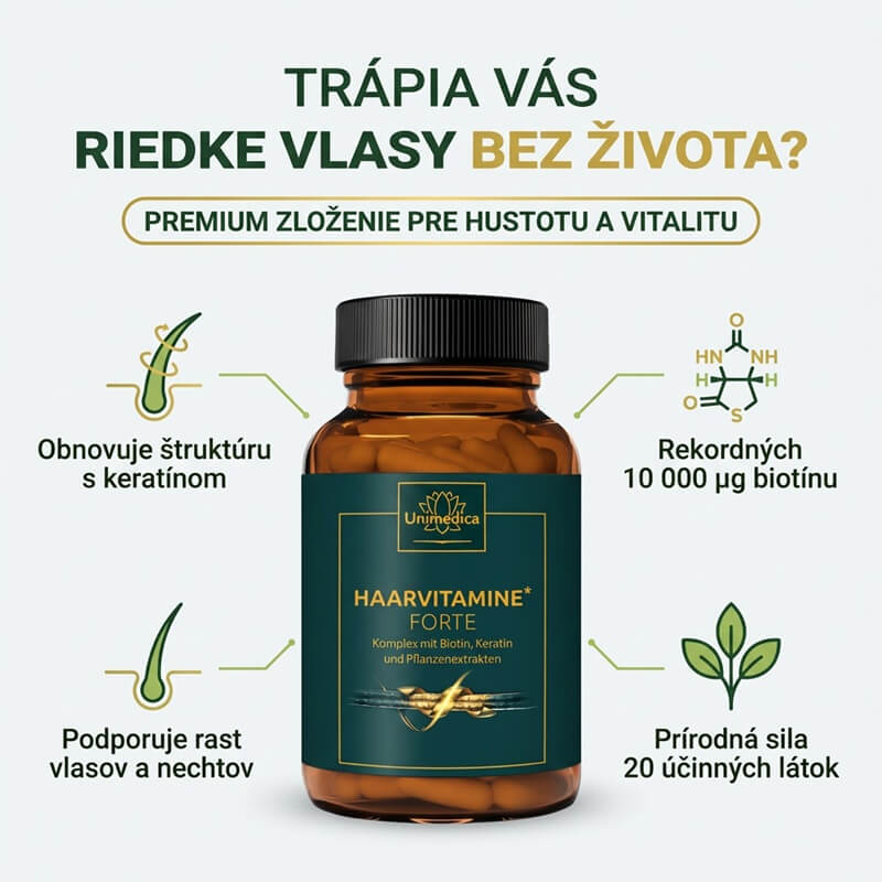 Unimedica vitamíny na vlasy - komplex s keratínom a biotínom, 180 kapsúl