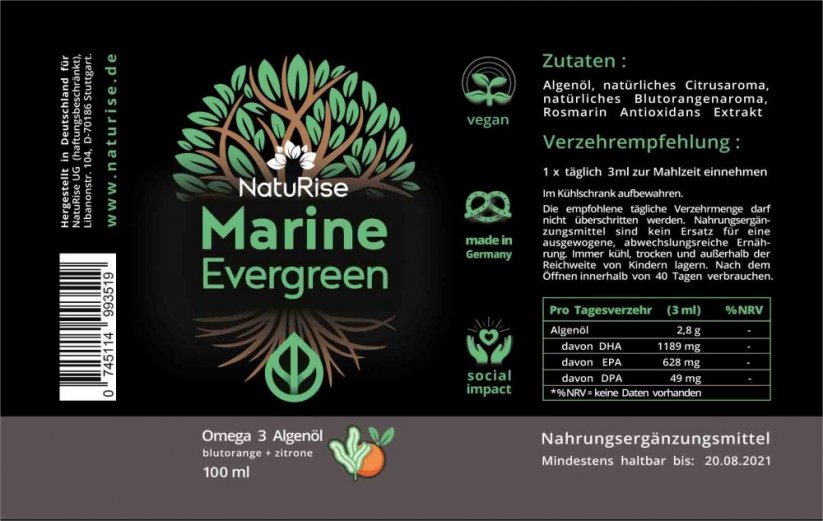 NatuRise Omega 3 olej z mořských řas 100 ml Vegan etiketa