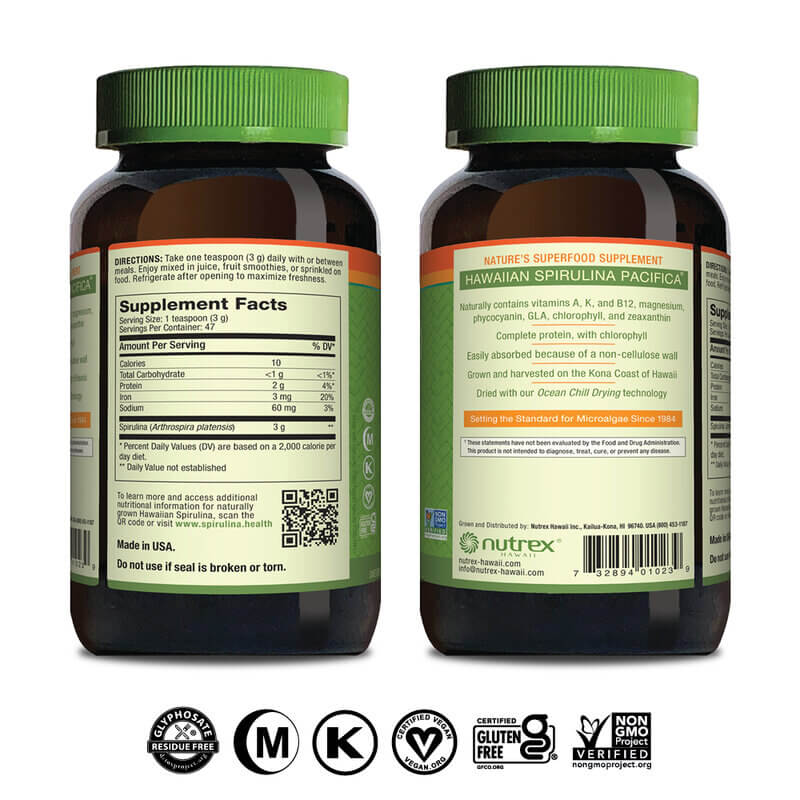Nutrex Hawaii, Havajská spirulina prášek 142g obal zezadu