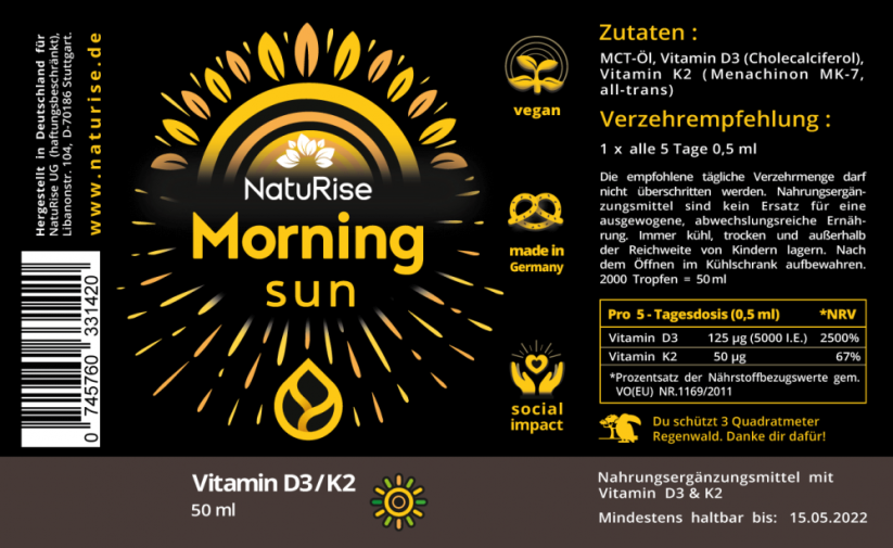 NatuRise Vitamin D3 + K2 5000 IU 50ml Vegan etiketa