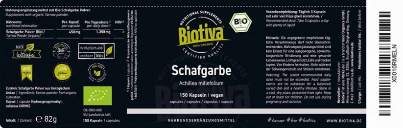 Biotiva Bio Rebríček obyčajný 150 kapsúl etiketa