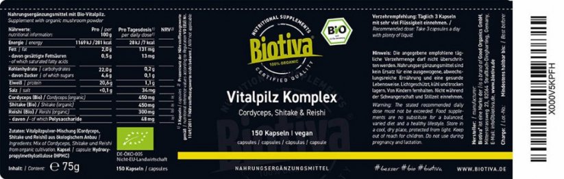 Biotiva Bio Reishi + Shiitake + Cordyceps komplex hub 150 kapslí etiketa