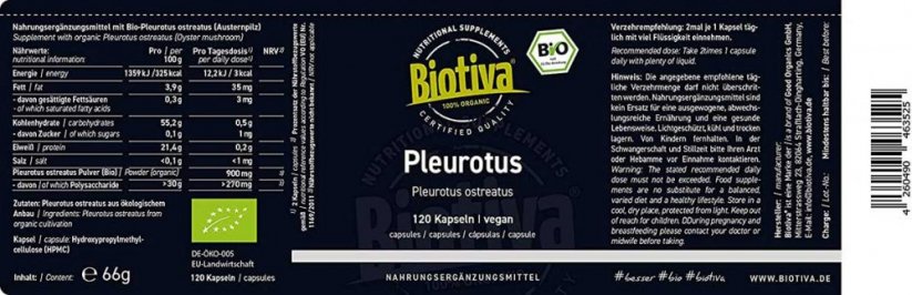 Biotiva Bio Hlíva ústřičná 120 kapslí etiketa