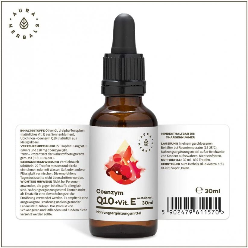 Aura Herbals Koenzým Q10 + Vitamín E kvapky 30ml etiketa