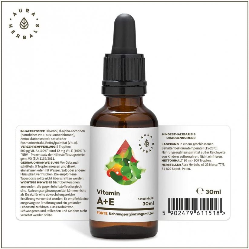 Aura Herbals Vitamín A + E FORTE kvapky 30ml etiketa