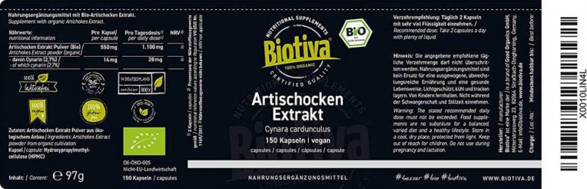 Biotiva Bio extrakt z Artyčok 150 kapslí etiketa