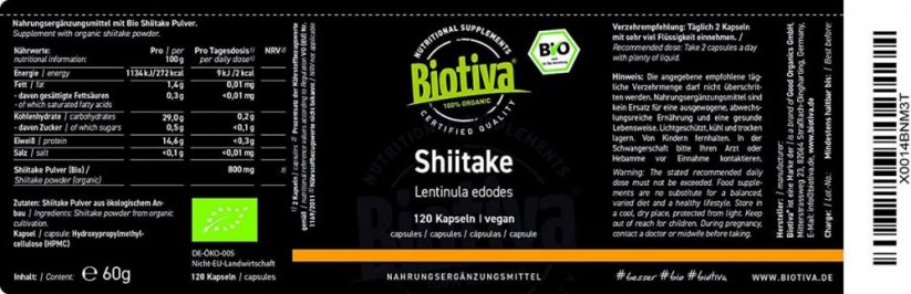 Biotiva Bio Shiitake 120 kapslí etiketa