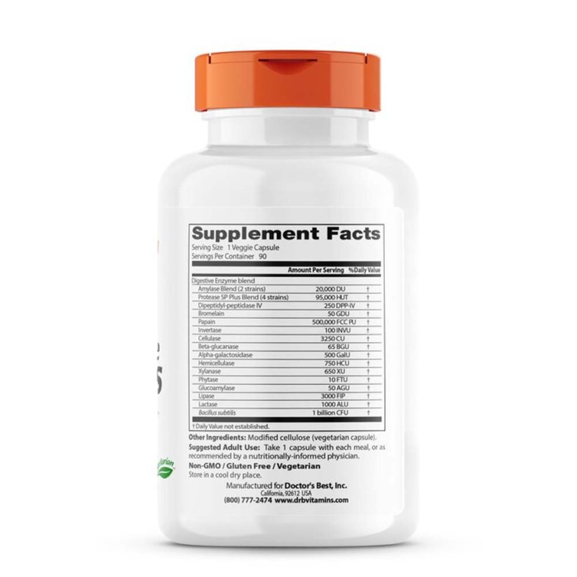 Doctor's Best Digestive Enzymes - tráviace enzýmy, 90 kapsúl obal zozadu