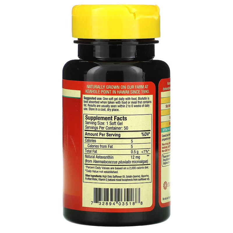 Nutrex Hawaii, BioAstin Havajský Astaxanthin 12 mg, 50 gelových kapsúl obal zboku