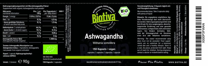 Biotiva Bio Ashwagandha 150 kapsúl etiketa