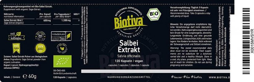 Biotiva Bio Šalvěj lékařská 150 kapslí etiketa