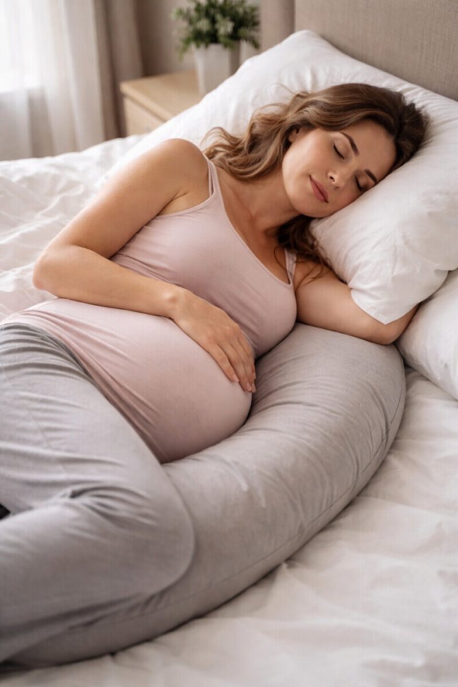 Tehotná žena spí na boku